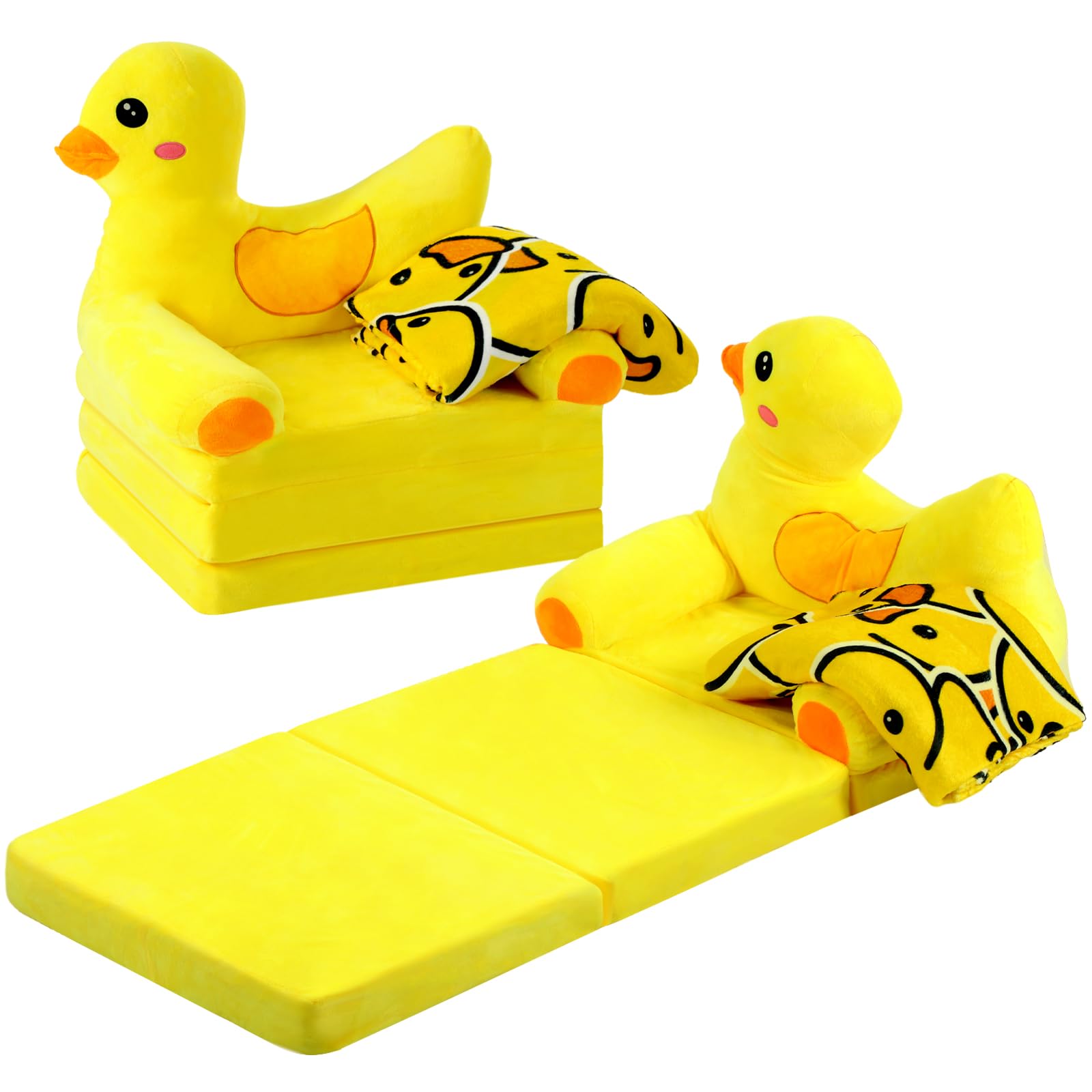 Photo 1 of Burbell Duck Kids Couch Fold Out 2-in-1 Toddler Sofa Fold Out with Blanket, Soft Toddler Chair Comfy for Boys Girls Baby, Convertible Sofa to Lounger for Napping Reading Playing Christmas, Yellow