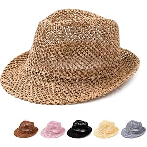 Breathable Hollow Woven Straw Fedora Hat, Lightweight Summer Sun Hat, Multiple Colors