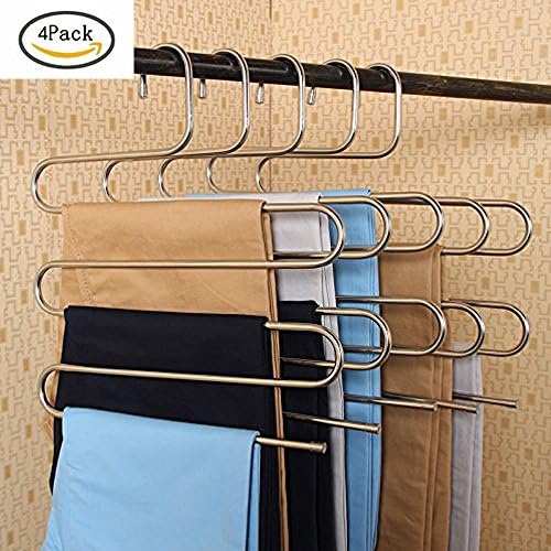 (4 Pack) Pants Hangers Sturdy S-type Stainless Steel Trousers Rack 5 layers Multi-Purpose Closet Hangers Magic Space Saver Storage Rack Perfect for Pants/ Towel/ Scarf etc (4Pants Hangers)
