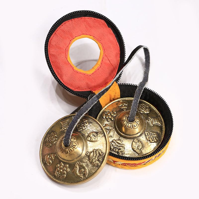 Vokowin Tibetan Tingsha Bell with Bag 2.6in/6.5cm Handcrafted Yoga Bell Meditation Chime Bells Eight Auspicious Symbols for Yoga Movement (K359-1)
