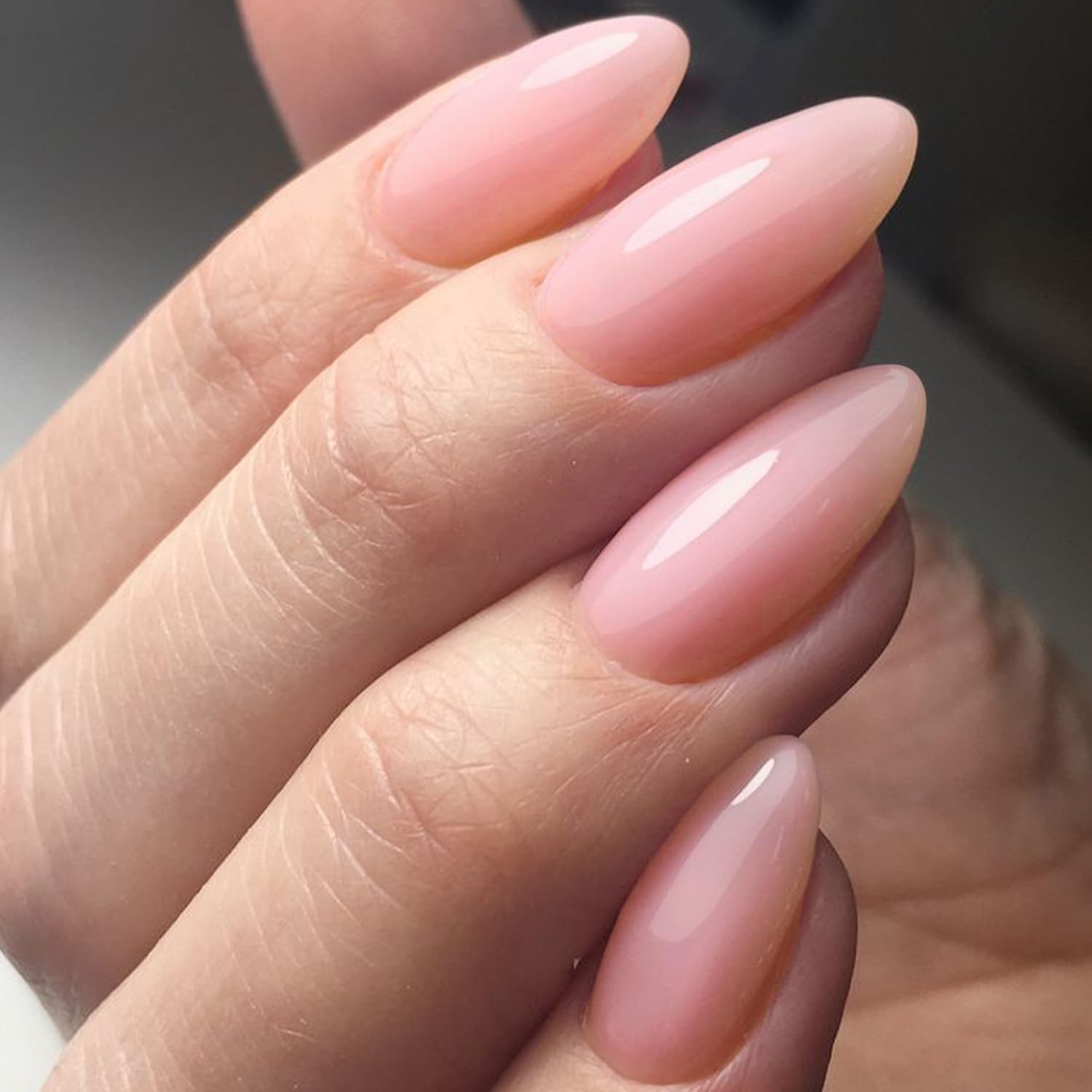 GLAMERMAID Nude Pink Press on Nails Medium Almond, Neutral Jelly Gel Glossy Fake Nails Stiletto, Pure Coral Short Oval Stick Glue on Nails Tip for Women, Reusable Acrylic Daily False Nail Manicure Kit - Image 2