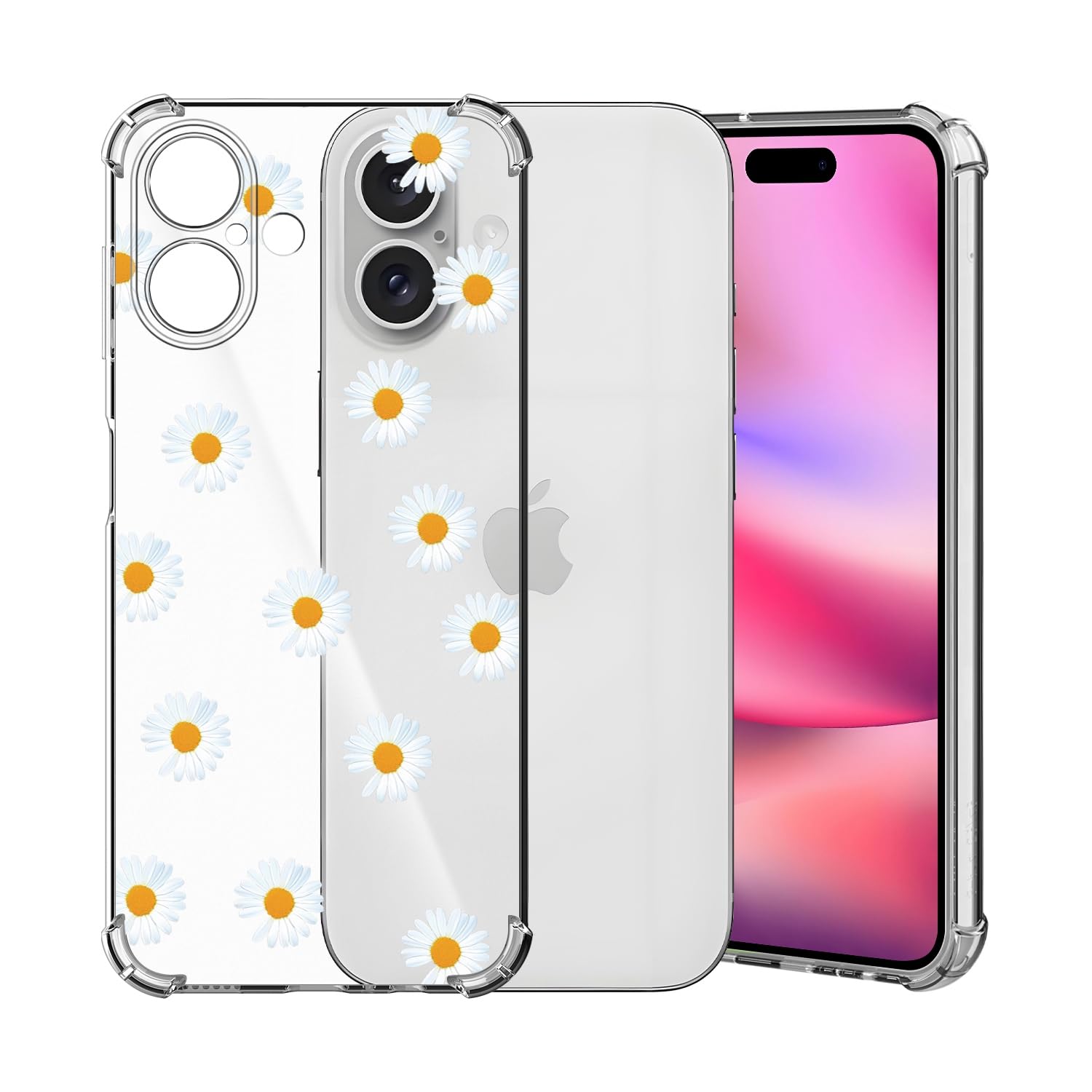 ChoosEU Clear Case for iPhone 16 Floral Pattern Print Design for Women Girls Slim Silicone Phone Case Protective Cover with Shockproof Airbag Soft TPU Flower Transparent Phone Cover - White Yellow