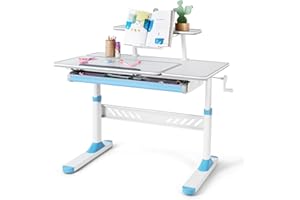 COSVALVE Adjustable Kids Desk with Drawer, 39" Wide Multifunction Ergonomic Study Table with Shelf, Tilt Desktop, Height Adjust for Home or School Use, for Girls Boys (Blue)