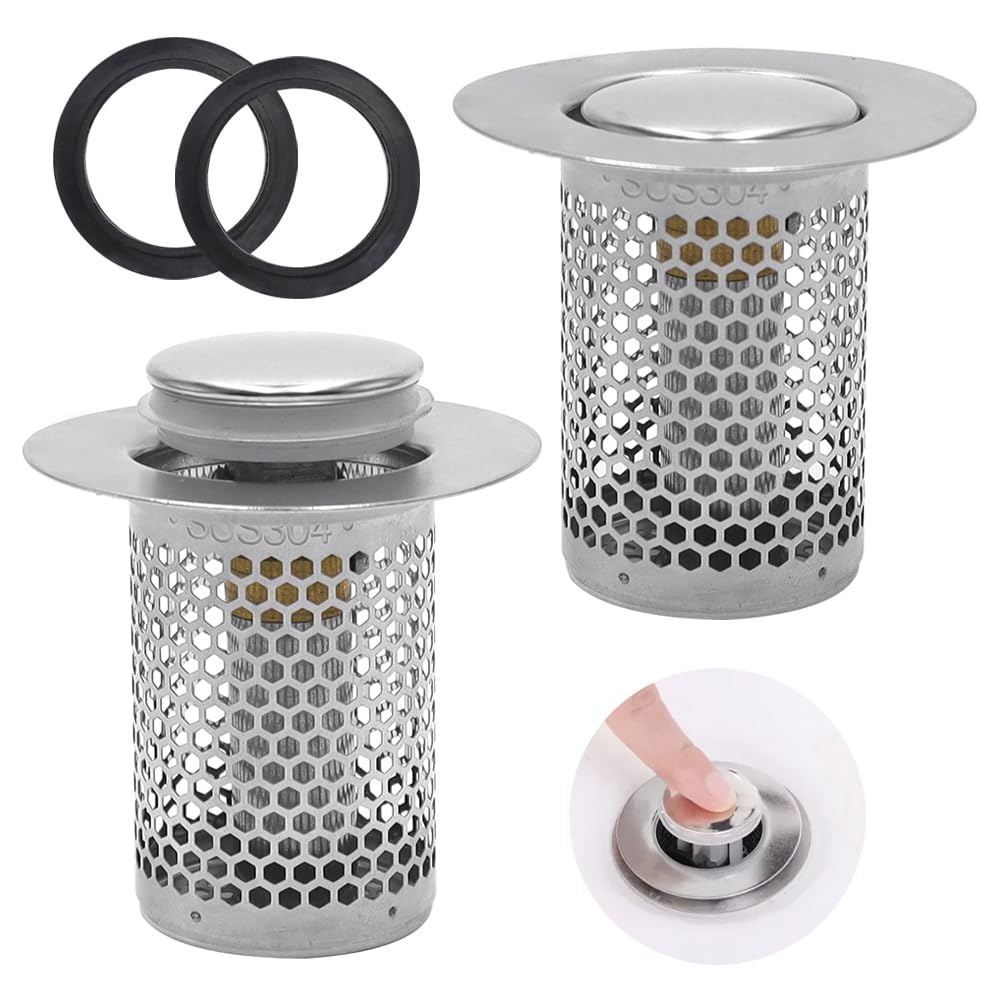 YDHfdc 2 Pcs Sink Plug Strainer 33 x 50mm Stainless Steel Sink Strainer Removable Hair Catcher with Brass Rebound Core for Wash Basin, Bathtubs, for 34-40mm Drain Hole