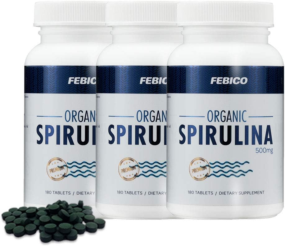 FEBICO Premium Organic Spirulina Tablets- Vegan,100% Pure, Enriched Vitamin B12 Complex, Non-GMO, Gluten Free & Non-Irradiated, USDA, Naturland, Halal Certified, 500mg, 180 Counts-Set of 3