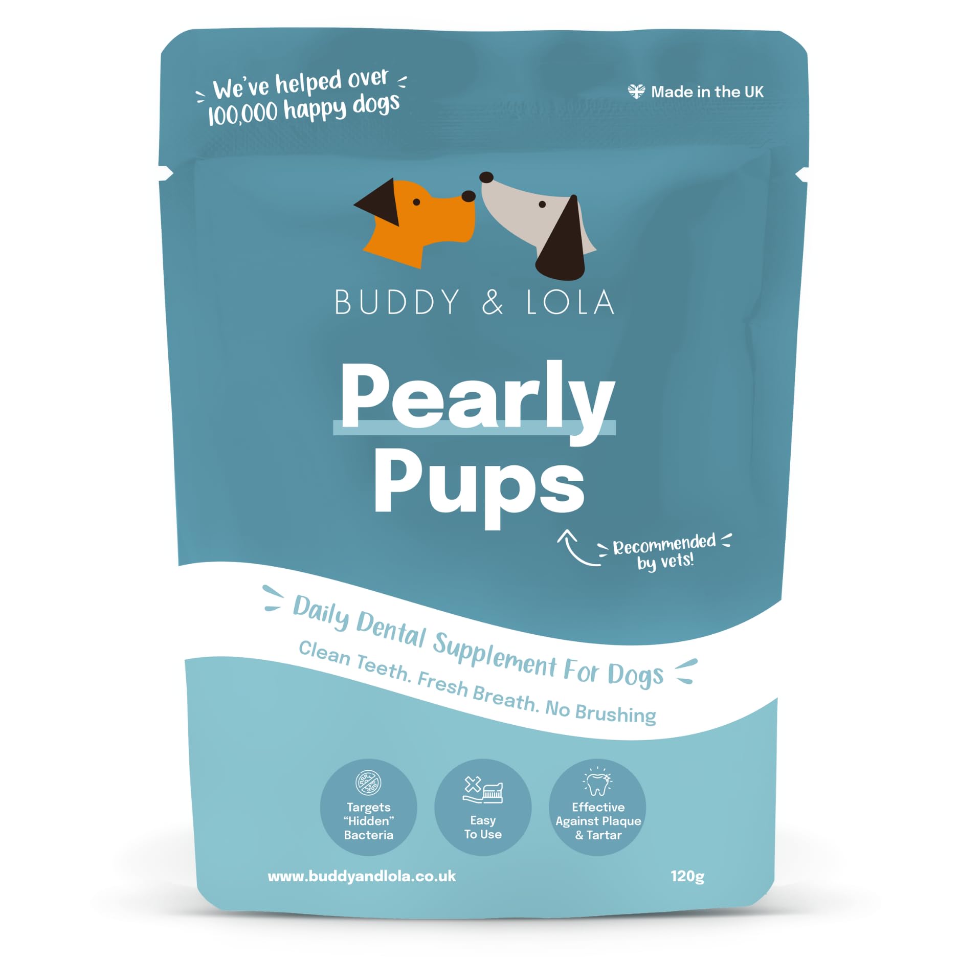 Buddy & Lola Pearly Pups Plaque Off Dog Teeth Cleaning Products & Dog Breath Freshener - Daily Plaque Remover Without A Dog Toothbrush Or Dog Toothpaste - Dental Dog Breath Freshener (120g)