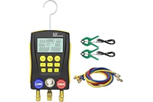 PLAYOCCAR HVAC Gauges Digital Manifold Gauges Set, 89 Refrigerants Vacuum Pressure Temperature Leakage Tester Set for R134A 1234YF R22 R12 R404A R410A with Test Clip & Pipe 3 Hoses