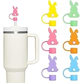 Whaline 6 Pcs Easter Straw Cover Cap Reusable Silicone Straws Topper Pastel Rabbit Bunny 10 Mm/0.4 Inch Straw Tip Lid Protector for 30/40 Oz Tumbler Cup Accessory Party Decor