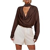 RoseSeek Women's Cowl Neck Sheer Mesh Blouses Long Sleeve Elegant Halter Blouses Tops with Scarf