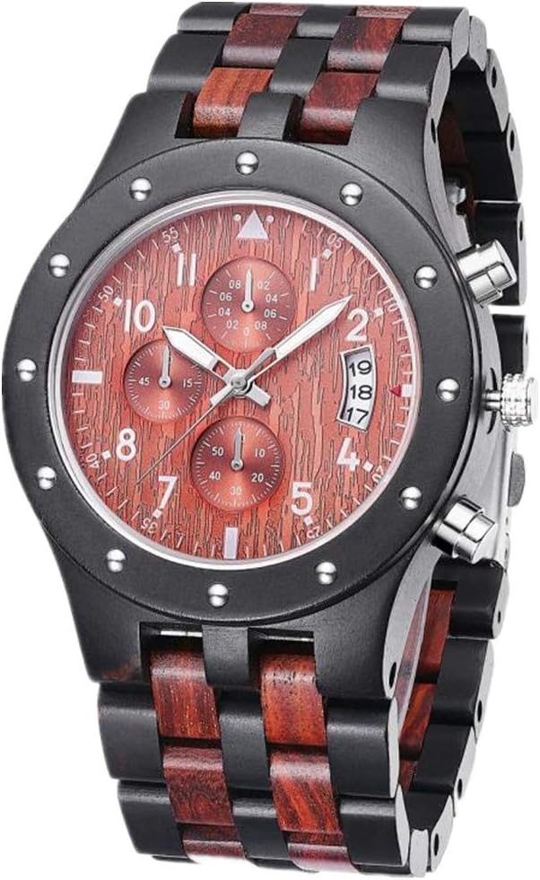 Mens Wooden Watches Personalized Engraving Wood Watch Mens Natural Wood Watches Analog Quartz Handmade Casual Wrist Watch Sub Dial Date Display Chronograph Luminous Hands…