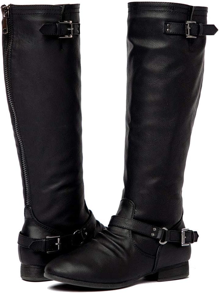 Women’s Block Low Heel Knee High Boots Zipper Closure with Buckle Fashion Riding Boots