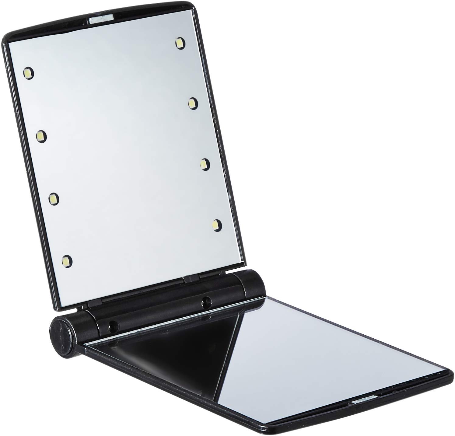 STEZ Essentials Portable Light Up Travel Mirror | Black | Mini Makeup with 8 LED & Battery Included | Handheld Lighted Glow | Non Touch | Foldable | Bachelorette Gift