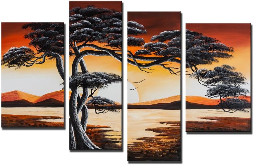 iPainting-100% Hand Painted Framed Oil Painting on Canvas Modern Wall Art Pine Tree Artwork for Wall Decor and Home Decoration Ready to Hang (4 piece/set)
