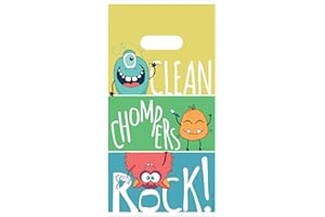 Practicon Clean Chompers Rock! 6" x 12" Dental Giveaway Bag, Dental Hygiene Patient Care Goodie Bag, Dentist Office Plastic Gift Bags, 100 Pack