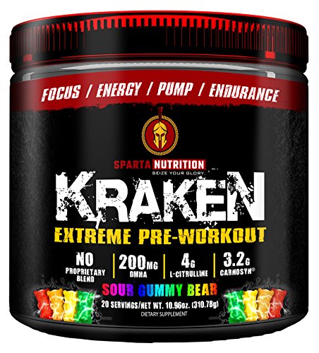 Sparta Nutrition Kraken Pre Workout Powder - Best Pre-Workout for Men / Women, Nitric Oxide Booster & Nootropic Drink to Increase Energy, Focus, and Muscle Pumps - Sour Gummy Bear, 40 Servings