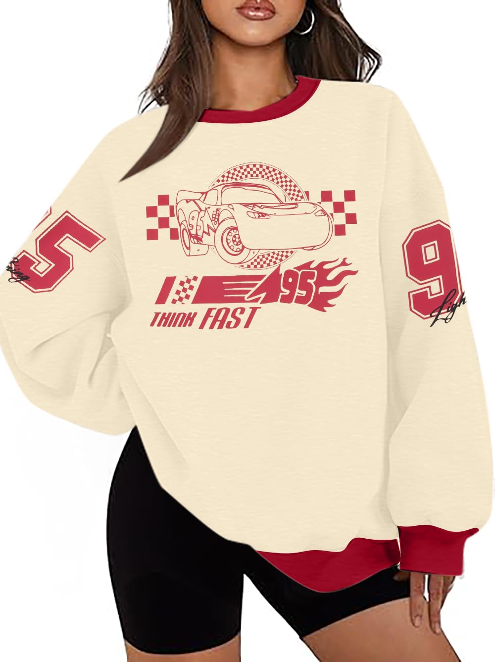 Photo 1 of **MAJOR STAINING** Women's Car Graphic Sweatshirt Cars Land Pullover Vacation Trip Crewneck Long Sleeve Shirt Car Racer Lover Clothes Beige
