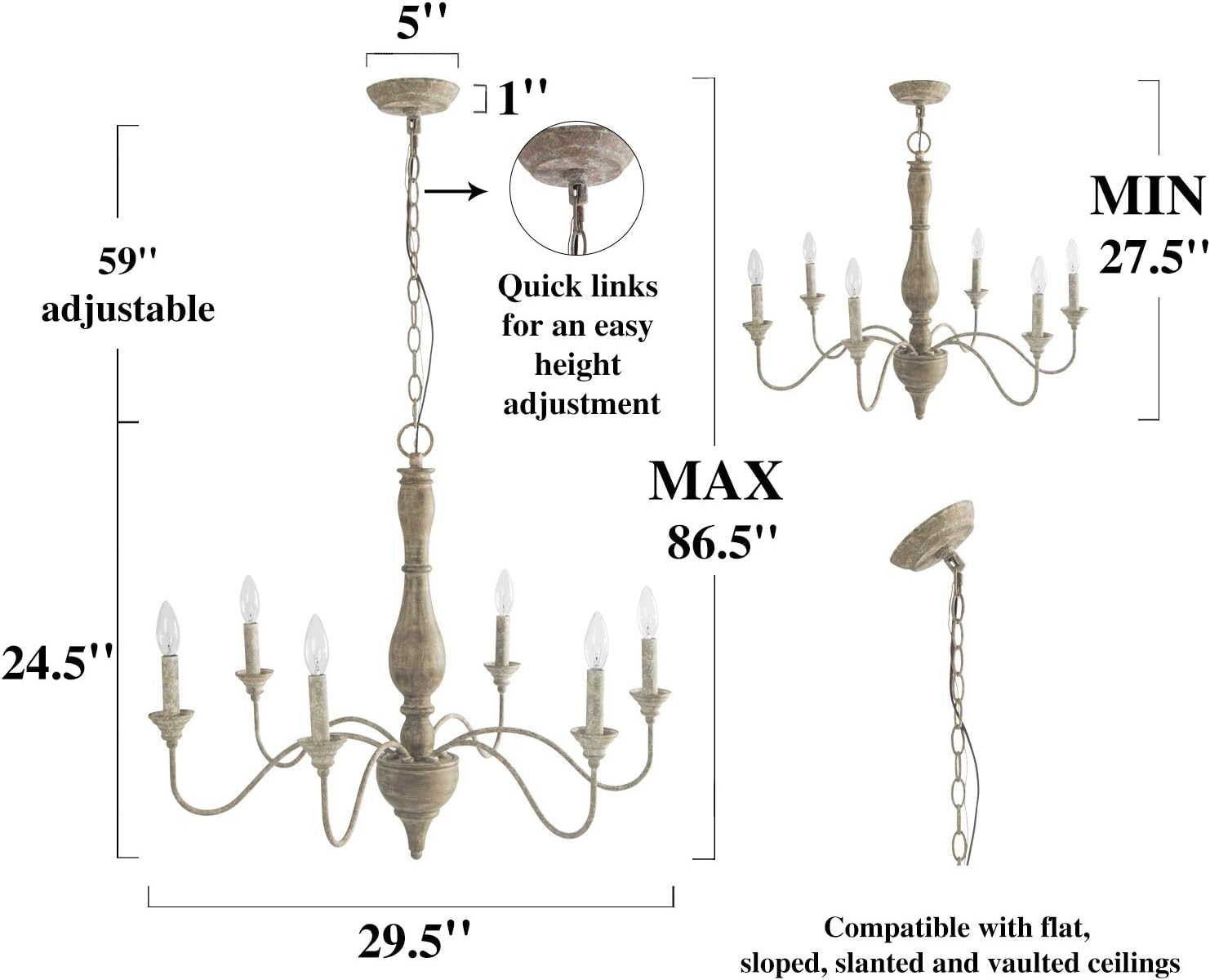 LNC French Country Chandeliers Wood 6 Lights Rust Arms for Dining, Bedroom, Living Room and Bathroom, Brown - - 