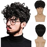 Swiking Curly Afro Black Men Wigs Short Fluffy Synthetic Hair Wig Halloween Party Cosplay Costume Full Wigs (Black)