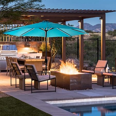 Amazon Com Us Piedle 9 Ft Solar Powered Led Lighted Patio Umbrella W Usb Charger Crank Handle 8 Aluminium Ribs Polyester Canopy Blue Garden Outdoor