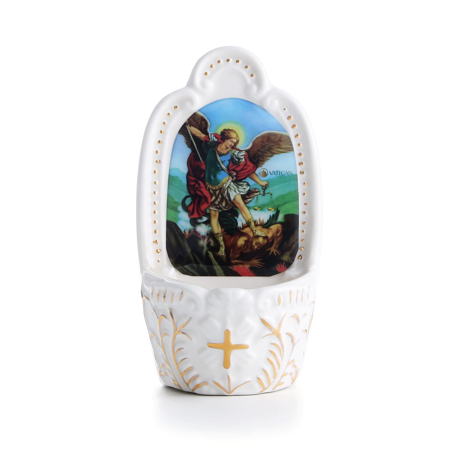 KOMI Porcelain Catholic Holy Water Font Saint Michael Holy Water Font for Entrance of Home Church Wall Hanging Decor Great Gift for First Communion, Confirmation, or New Home