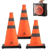 RoadHero 3 Pack 18 Inch Collapsible Traffic Cones with Black Base | Bag for Storage, Orange Cones with Reflective Collar for Road Safety, Parking Lot, Driving Practice and Sport Training