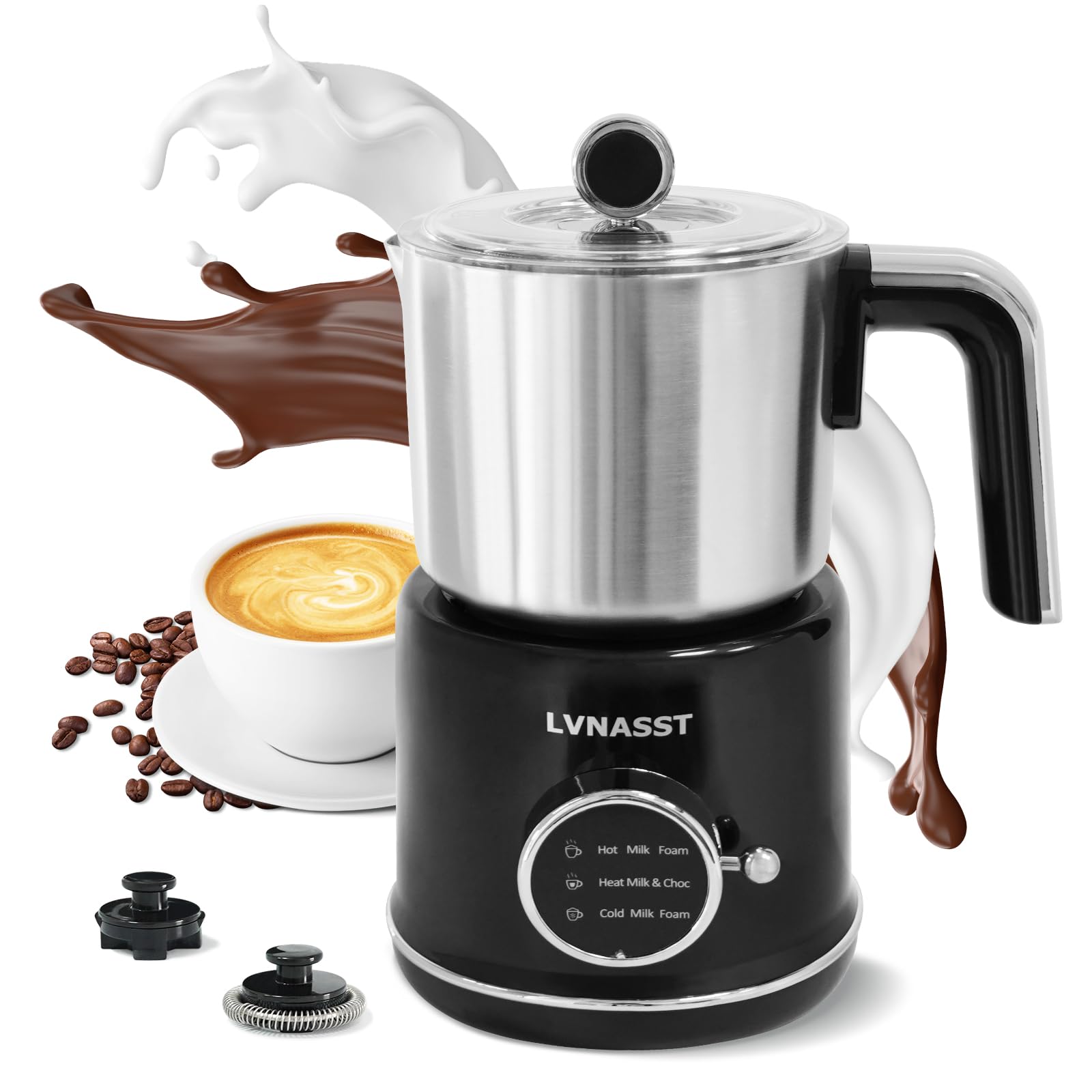 Photo 1 of LVNASST Milk Frother Warmer 3in1 Electric Milk Steamer Stainless Steel Foam Maker, 12oz Hot Cold Frothing, Thick Foam for Macchiatos, Cappuccinos (Black)