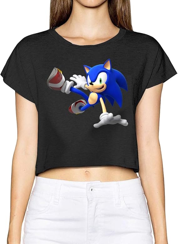 Amazon Co Jp Missy 女性着 ソニック ザ ヘッジホッグ ビデオ ゲーム キャラクター ソニック マンガ イラスト ショート丈 ヘソ出し 半袖シャツ 天竺綿 タイツ ルームウェア Black L 服 ファッション小物