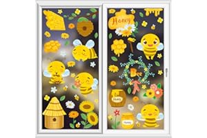MOFUGUI Bee Window clings for Glass Windows Sunflower Honey Prints Thick Gel Clings Toddlers Classroom Home Nursery Birthday Party Holiday Supplies (WS004)