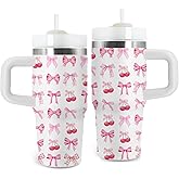 Bow Gifts for Girls - 14oz Pink Kids Bowknot Themed Tumbler with Handle and Straw, Stainless Steel Insulated Water Cup, for Sport, School, Travel - Cute Pink Bow Themed Children Birthday Gift Cup(1pc)