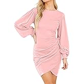 Valiamcep Women's Long Sleeve Velvet Dress Round Neck Puff Sleeve Cocktail Ruched Wrap Bodycon Mini Party Dress