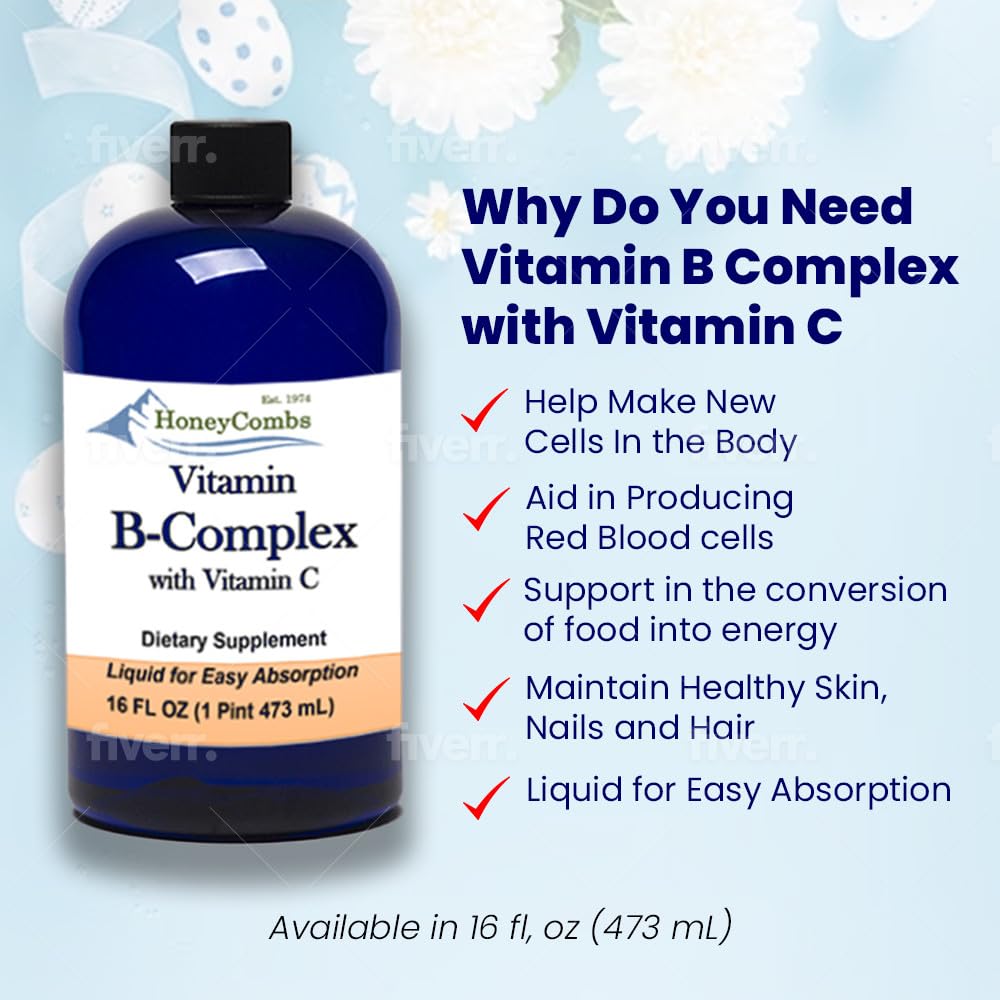 HoneyCombs Vitamin B Complex Drops – Liquid Supplement with Vitamin B1, B2, B3, B5, B6, B7, B9, B12 & Vitamin C – Super B Complex Vitamins – Alcohol-Free Liquid Vitamin Supplement, 16 Fl Oz.