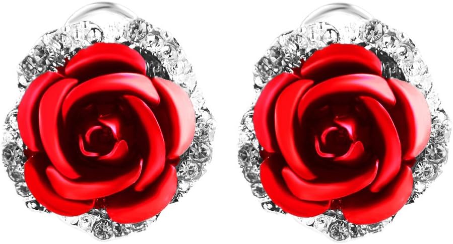 Womens Delicate Rose Flower Rhinestone Ear Stud Earrings Red