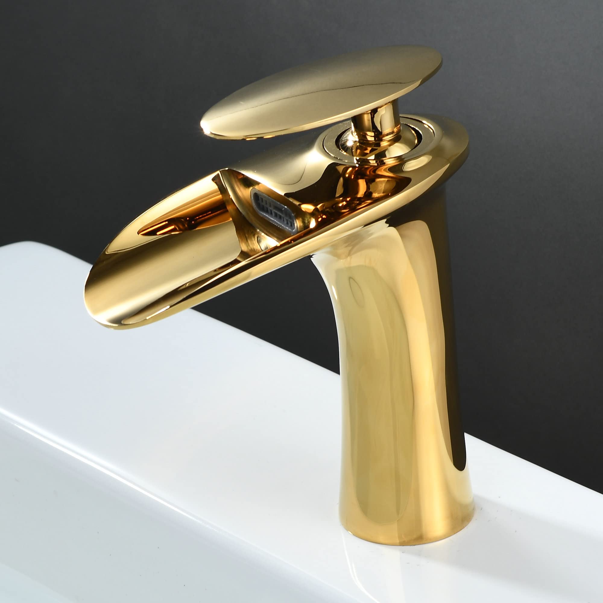 SHUNLI Bathroom Sink Taps Mixers - Waterfall Bathroom Basin Mixer Tap - Gold Brass Bathroom Faucet Single Hole