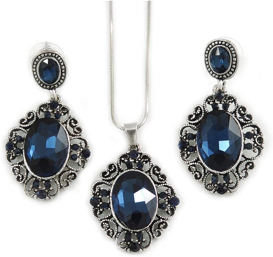 Victorian Inspired Dark Blue Crystal Filigree Pendant with Silver Tone Snake Chain and Drop Earrings in Aged Silver Tone Metal - 40cm L/ 4cm Ext