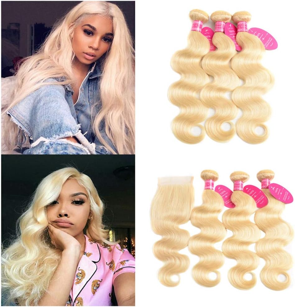 613 Blonde Bundles With Closure Brazilian Body Wave 3 Bundles With Closure Blonde Human Hair Bundles With Closure Remy Hair (10 10 10+10, 613#)