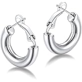 FaithHeart Chunky Hoop Earrings for Women, Silver/Black/14K Gold Plated Stainless Steel Earrings 5mm Thick Hollow Tube Hoops Hypoallergenic Lightweight Earring 20/30/40/50/60/70/80mm