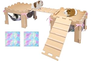 BESNEW Guinea Pig Hammock with Platform and Ramps,Wooden Small Animal Hideout with Waterproof Coating Mat Hammock,Guinea Pig Cages Accessories Toys Hiding Playing,Easy to Clean(Double)