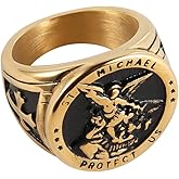 HZMAN St. Michael San Miguel The Great Protector Archangel Defeating Satan Figurine Stainless Steel Amulet Ring