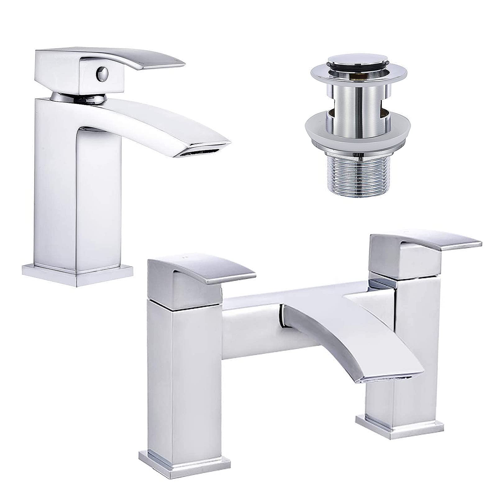 Funime Bathroom Waterfall Basin Taps with Pop Up Waste and Square Bath Taps Set Chrome Brass Sink Mixers, Monobloc Double Lever Bath Tub Mixer Tap with Single Lever Bathroom Sink Tap Set