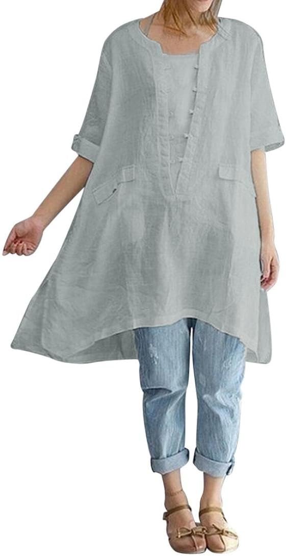 VEZAD Women's Fashion Plus Size Casual Linen Top Long Sleeve Crew Neck Blouse