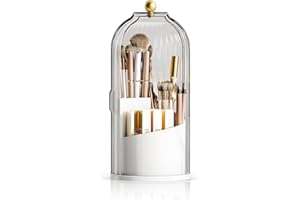 MSHOMELY Makeup Brush Holder Organizer, 360 Rotating Makeup Brush Organizer Cosmetics Make up Brush Organizer for Vanity, Waterproof Dustproof Makup Brush Storage for Bathroom Countertop, White-Clear