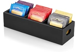 DRASTAR Tea Bag Organizer, Black Wooden Tea Bag Holder, Tea Storage Containers with 3 Slots, Sugar Packet Holder, Tea Bag Caddy Box for Countertop