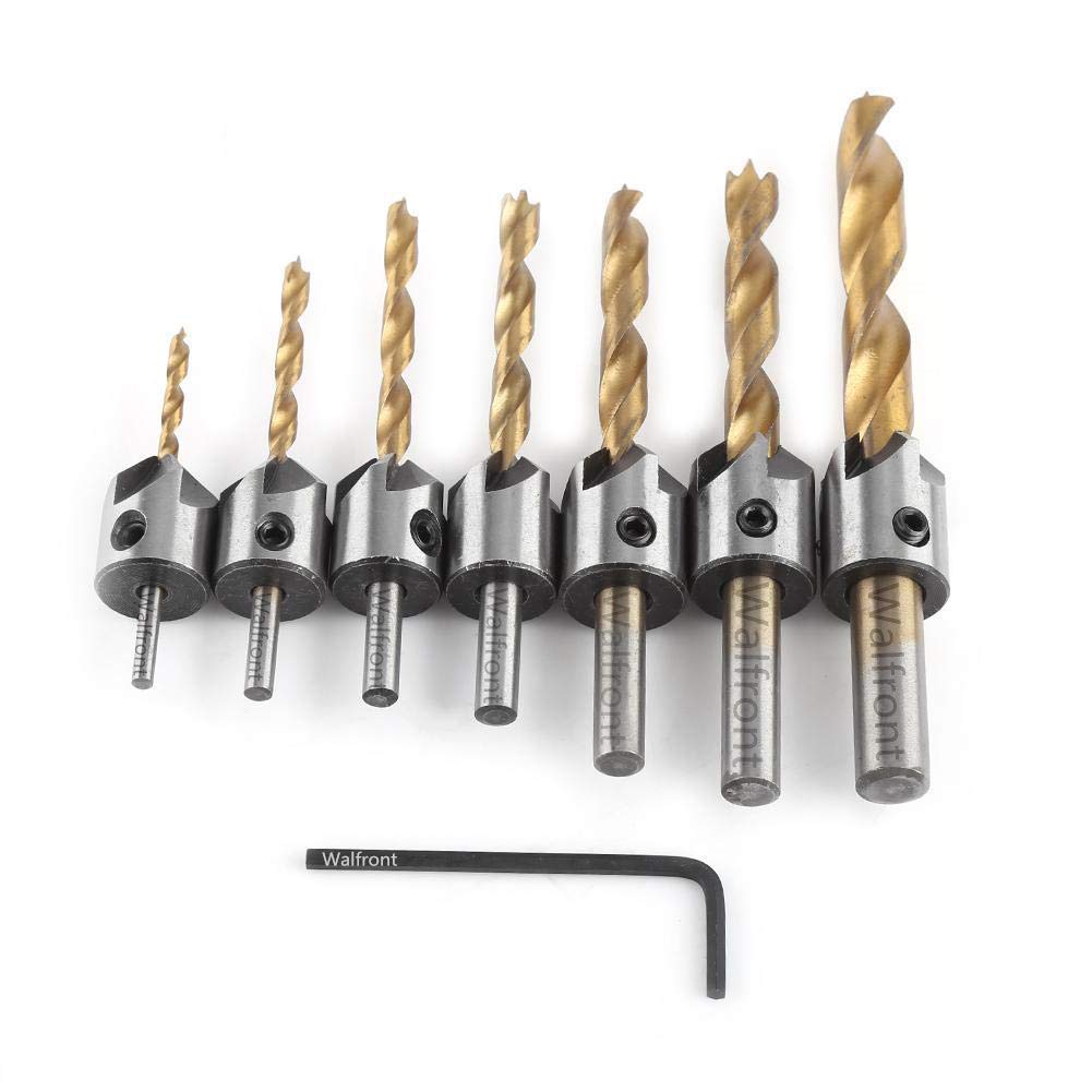 Woodworking Countersink Drill Bit Set, Titanium Coated HSS Reamer Chamfer Bit (7-Piece (3-10mm) + Small Wrench + Bubble Bag)