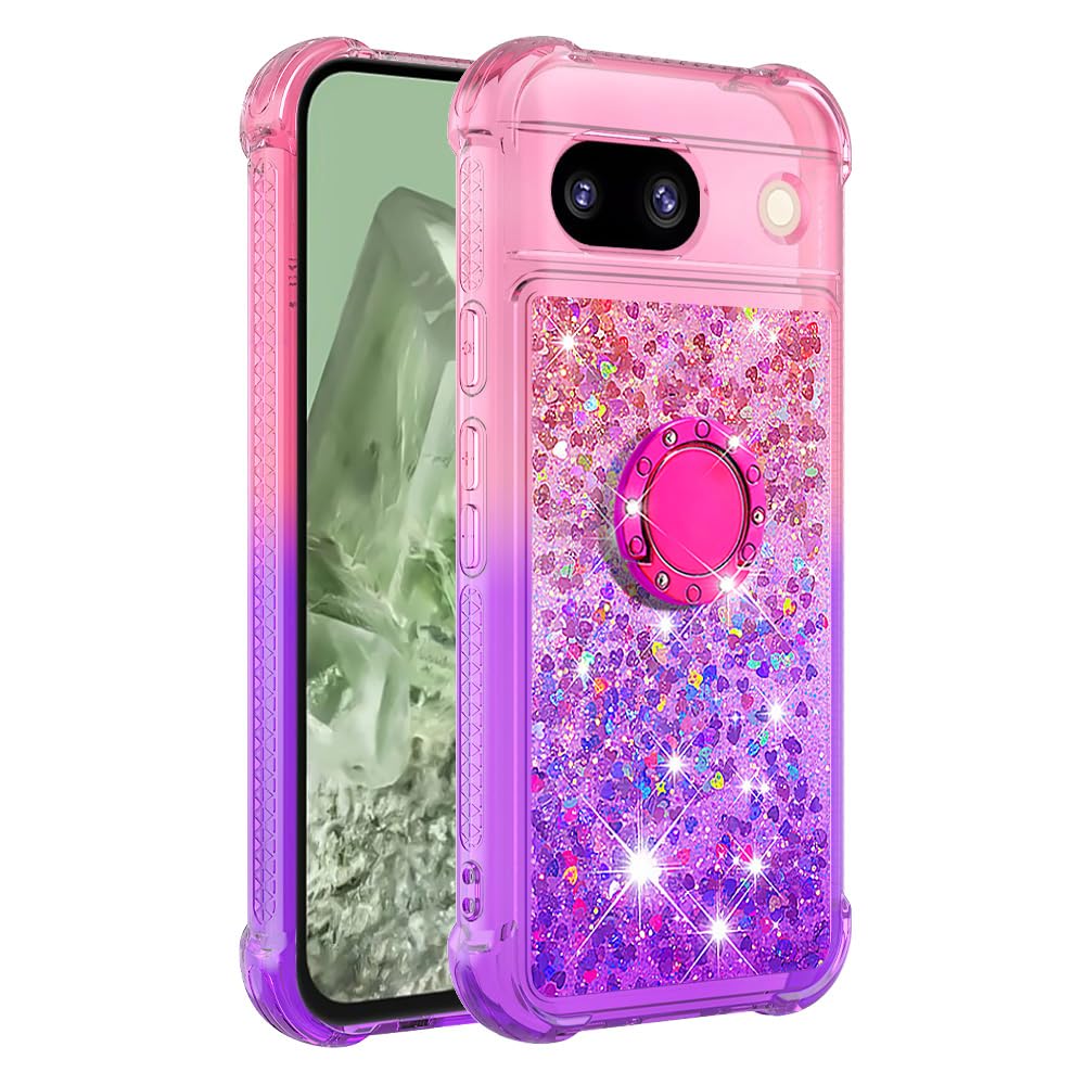 Wuhaizher Google Pixel 8A Case with Ring Kickstand, Cute Glitter Bling Sparkle Quicksand Flowing Liquid Clear TPU Gel Silicone ShockProof Phone Cover for Google Pixel 8A Case Girls, Pink & Purple