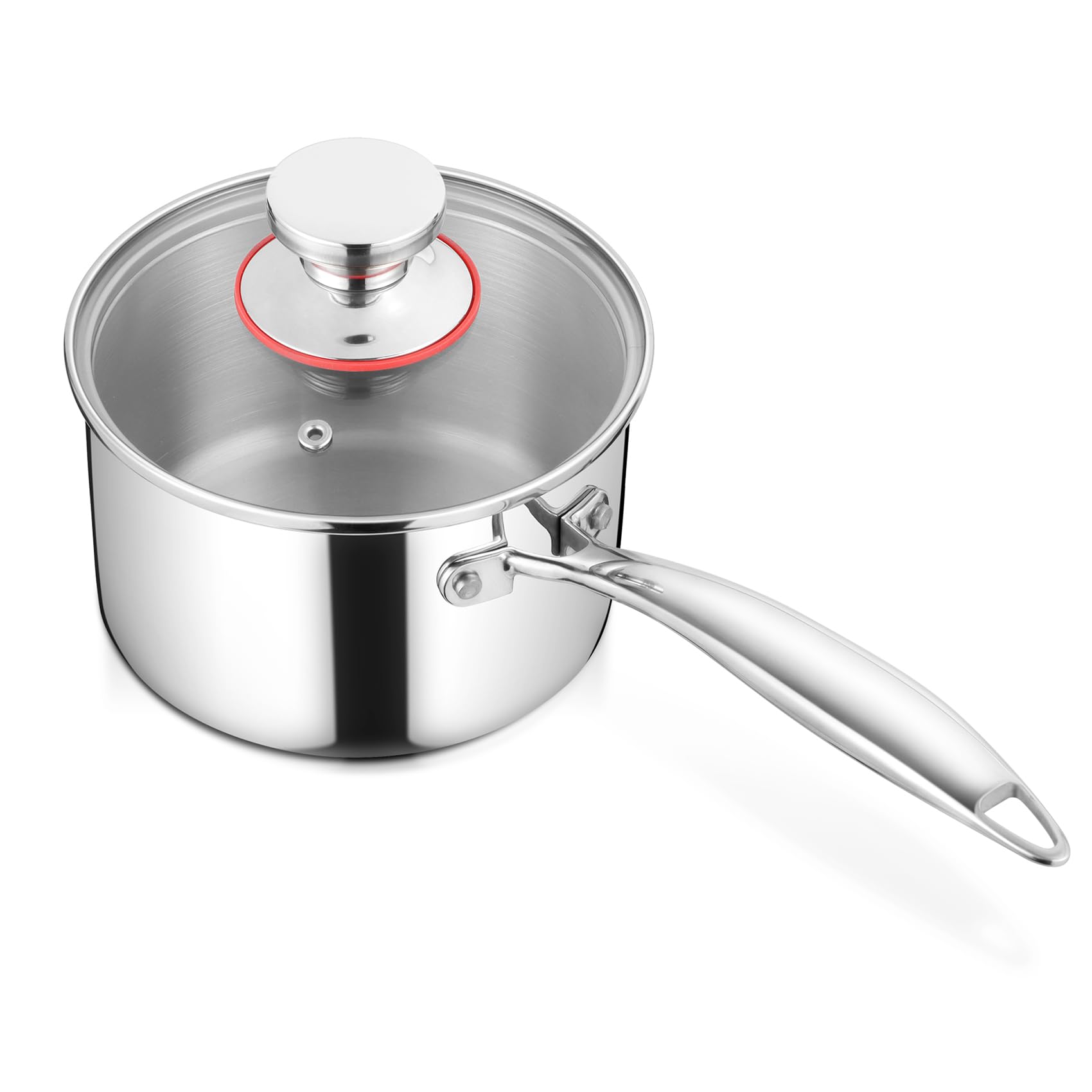 Onader 14cm Saucepan, Tri-Ply Stainless Steel Sauce Pot with Glass Lid, Induction Safe Small Milk Pan for Kitchen Cooking Boiling, Easy Clean - Silver