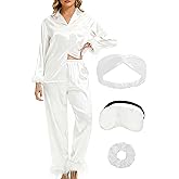 EPLAZA 2 Pcs Silk Pajamas for Women Satin Pajama Set Feather Trim Long Sleeve Button-Down Pj Set Lounge Sleepwear with Pocket