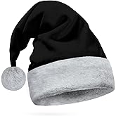 Hexonomy Black Santa Hat - Gray Faux Fur, Soft Furry Wolf Trim - Luxury Christmas, Dark Deluxe Xmas Plush Headwear - Adult, 1 Size