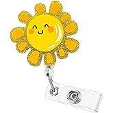 Bedocia Sun Badge Reels Retractable Acrylic Glitter, Happy Sunshine Sunny Name Tag for Nurse Doctor Teacher Student Office Worker Summer Badge Clip