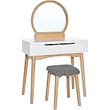 VASAGLE Vanity Table, Makeup Vanity Desk with Rounded Mirror, 2 Drawers, Vanity Set with Upholstered Stool, for Bathroom, Bedroom, Natural and White URDT11K