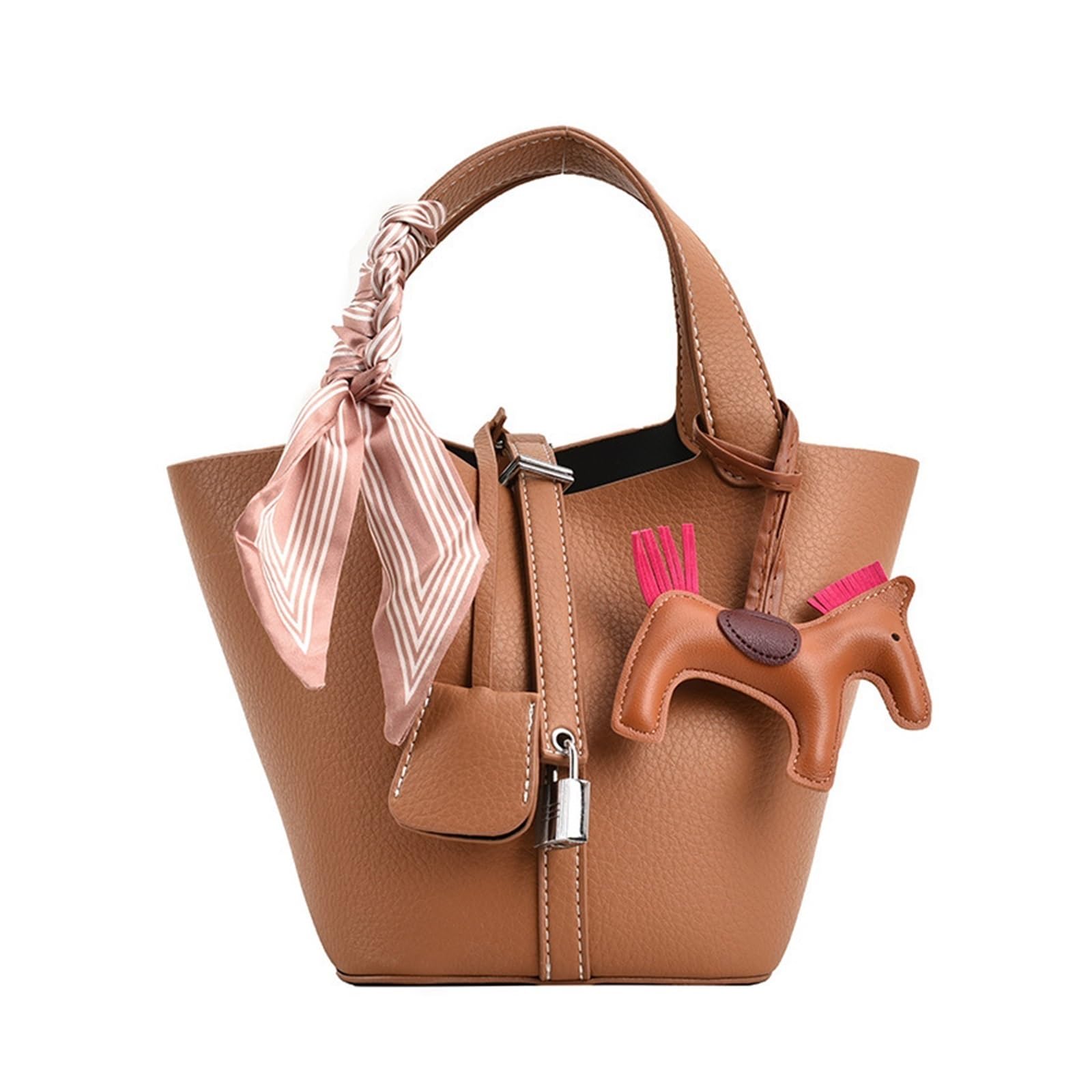 Photo 1 of Women's Bucket Shoulder Bag – PU Leather Multifunctional Purse with Lock Design, Cute Fashion for Shopping Work Travel (BROWN)